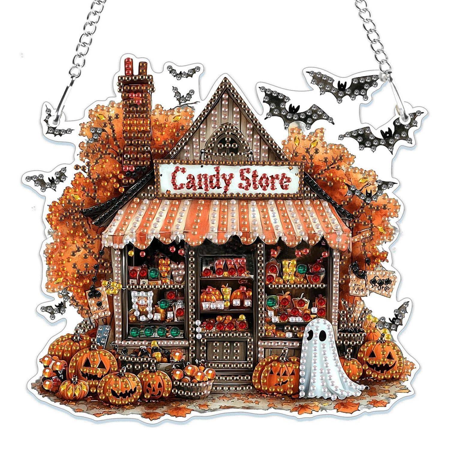 Halloweenthematisches Süßwarenladen-Schild mit Kürbissen, Fledermäusen und einem Gespenst, dekoriert in orangenen Herbstfarben.