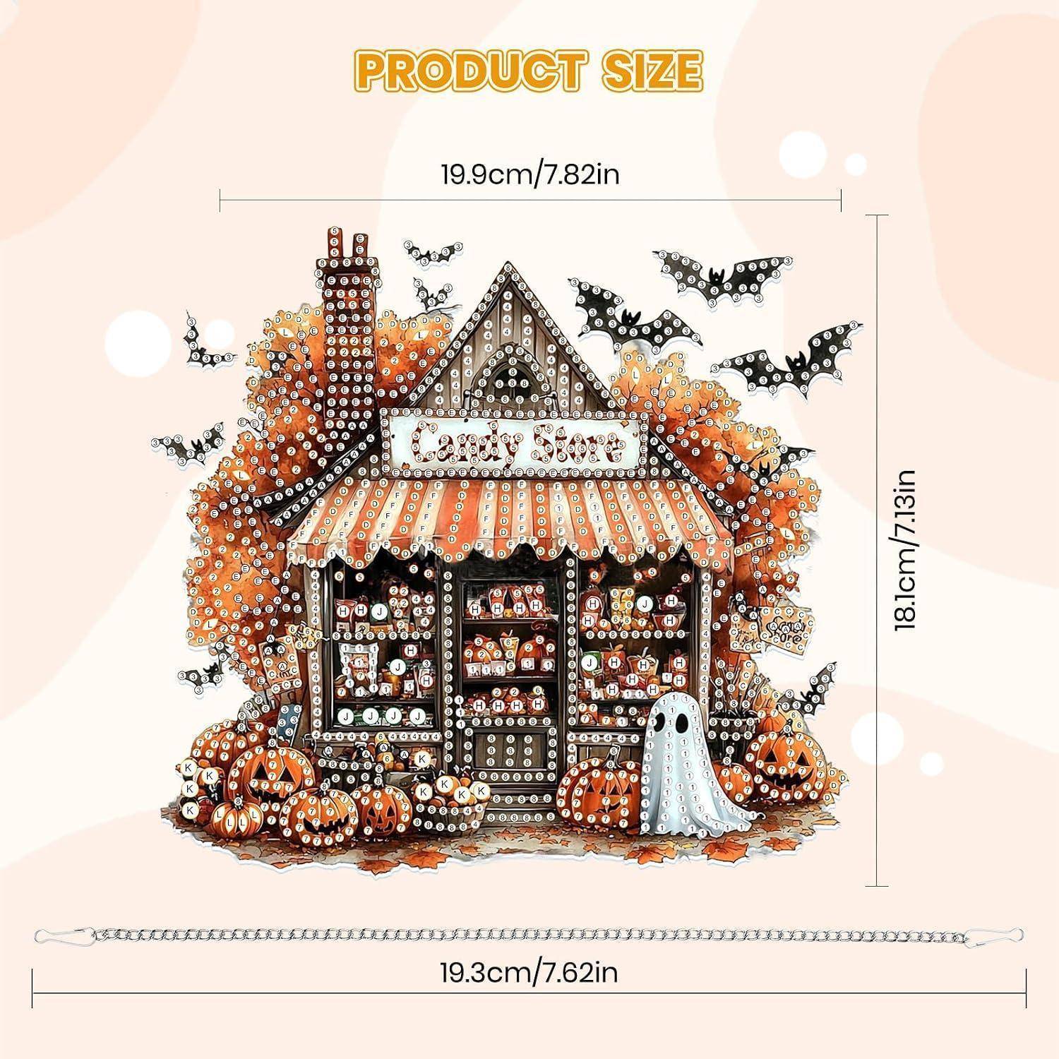 Größentabelle für ein Halloween-Hexenladen-Diamantmalerei-Set mit den Maßen 19,9 cm Breite, 18,1 cm Höhe und 19,3 cm Kettenlänge unten.