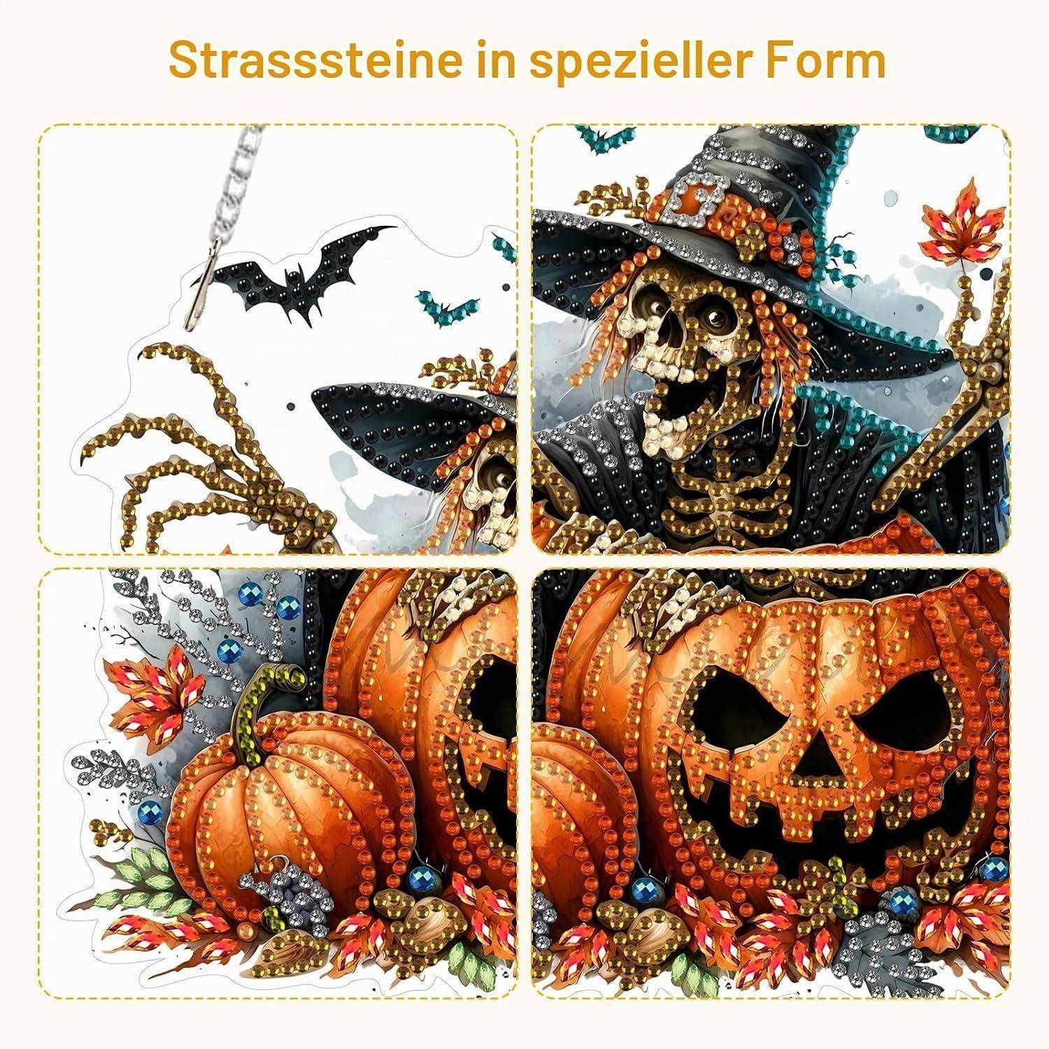 Collage von Halloween-Diamantmalereien: Fledermaus, Skelett-Hexe und Kürbisse, oben mit der Bezeichnung „Strasssteine in spezieller Form