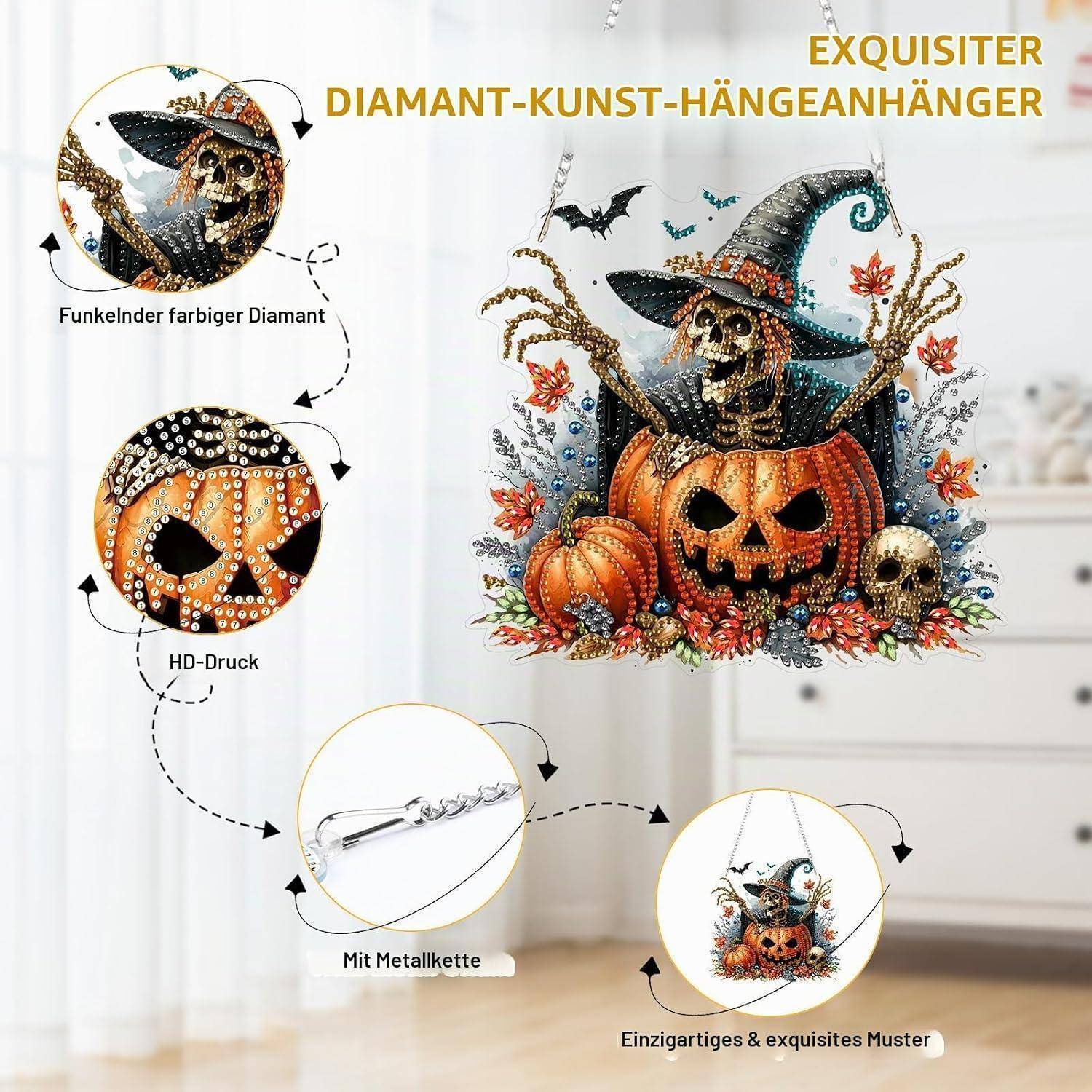 Werbegrafik für einen Halloween-Stil-Diamantkunst-Anhänger: Ein funkelndes Schädel-und-Kürbis-Hexen-Design mit Kette, gezeigt in Detail und als fertig hängender Schmuck.