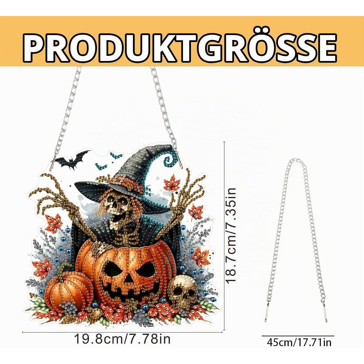 Größentabelle für Halloween-Hängekoration: 19,8 cm breit × 18,7 cm hoch, mit Kettenlänge 45 cm.