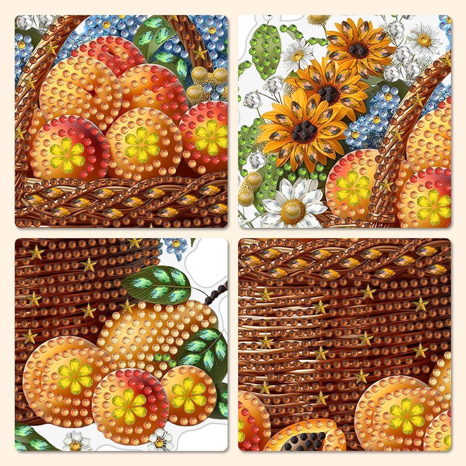 Vier Diamantmalerei-Paneele zeigen Körbe und Trauben von Äpfeln und Blumen mit leuchtend orangefarbenen, gelben, grünen und braunen Perlen.