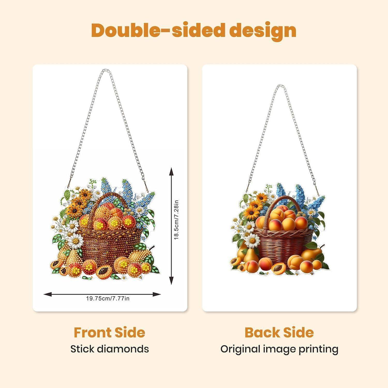 Grafik zeigt ein doppelseitiges hängendes Körbchen-Design: Die Vorderseite verwendet Stabdiamanten, die Rückseite zeigt das ursprüngliche gedruckte Bild.
