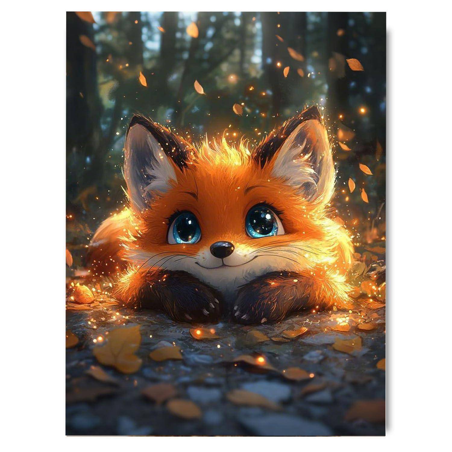 Süßes orangefarbenes Fuchsjunges mit leuchtend blauen Augen, das vom Waldboden hervorlugt, umgeben von glühenden Blättern und weichem Licht.