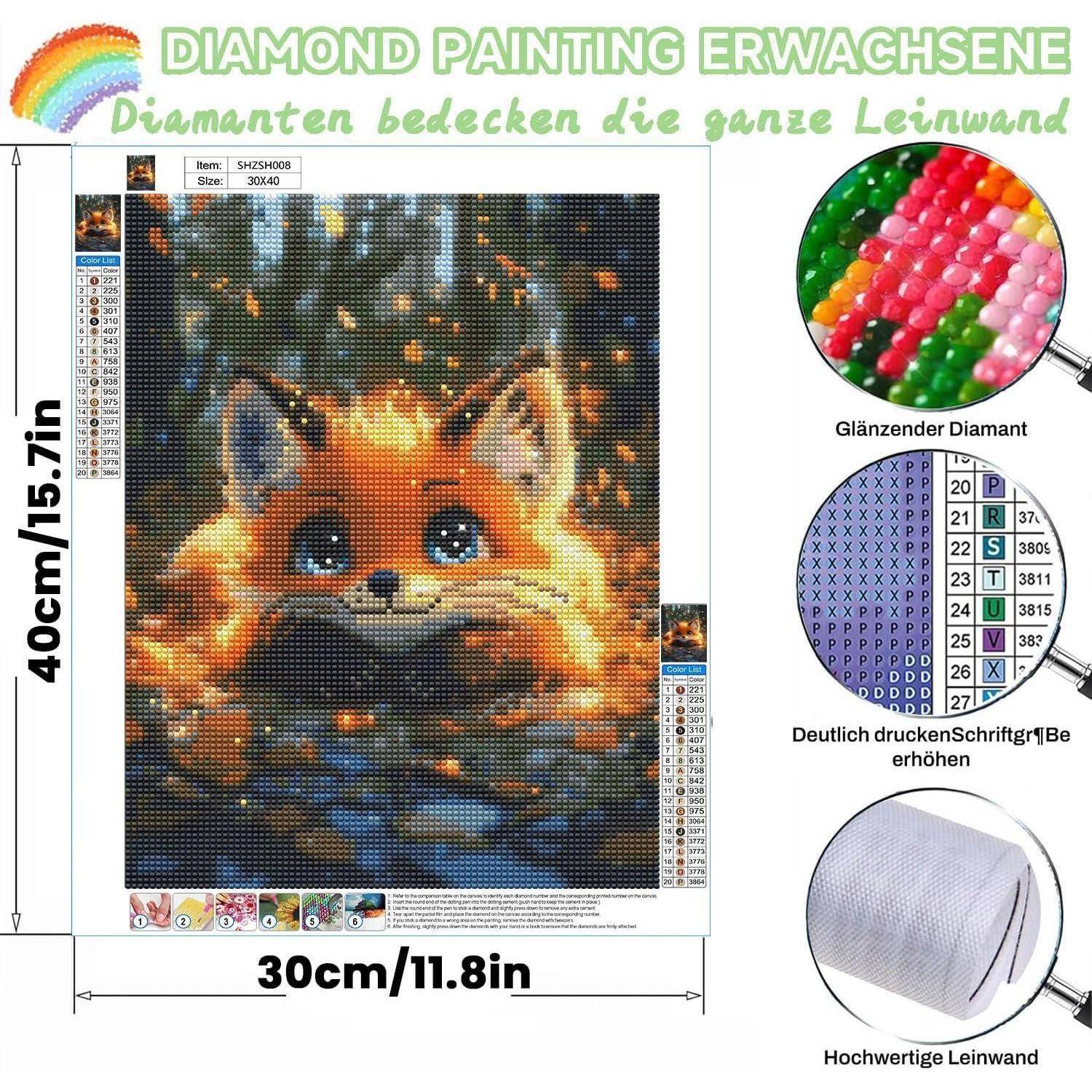 Diamantmalerei-Set mit einem Fuchs auf der Leinwand, beschriftet 30 cm mal 40 cm, plus Nahaufnahmen mit glänzenden Kunstharzperlen, gedruckten Symbolen und Leinwandstruktur.