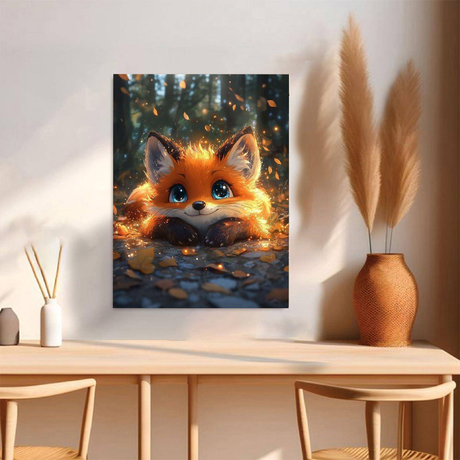 Eine gerahmte Illustration eines süßen orangefarbenen Fuchses mit leuchtenden Augen in einem Wald, über einem Holzschreibtisch in einem minimalistischen Zimmer angebracht.