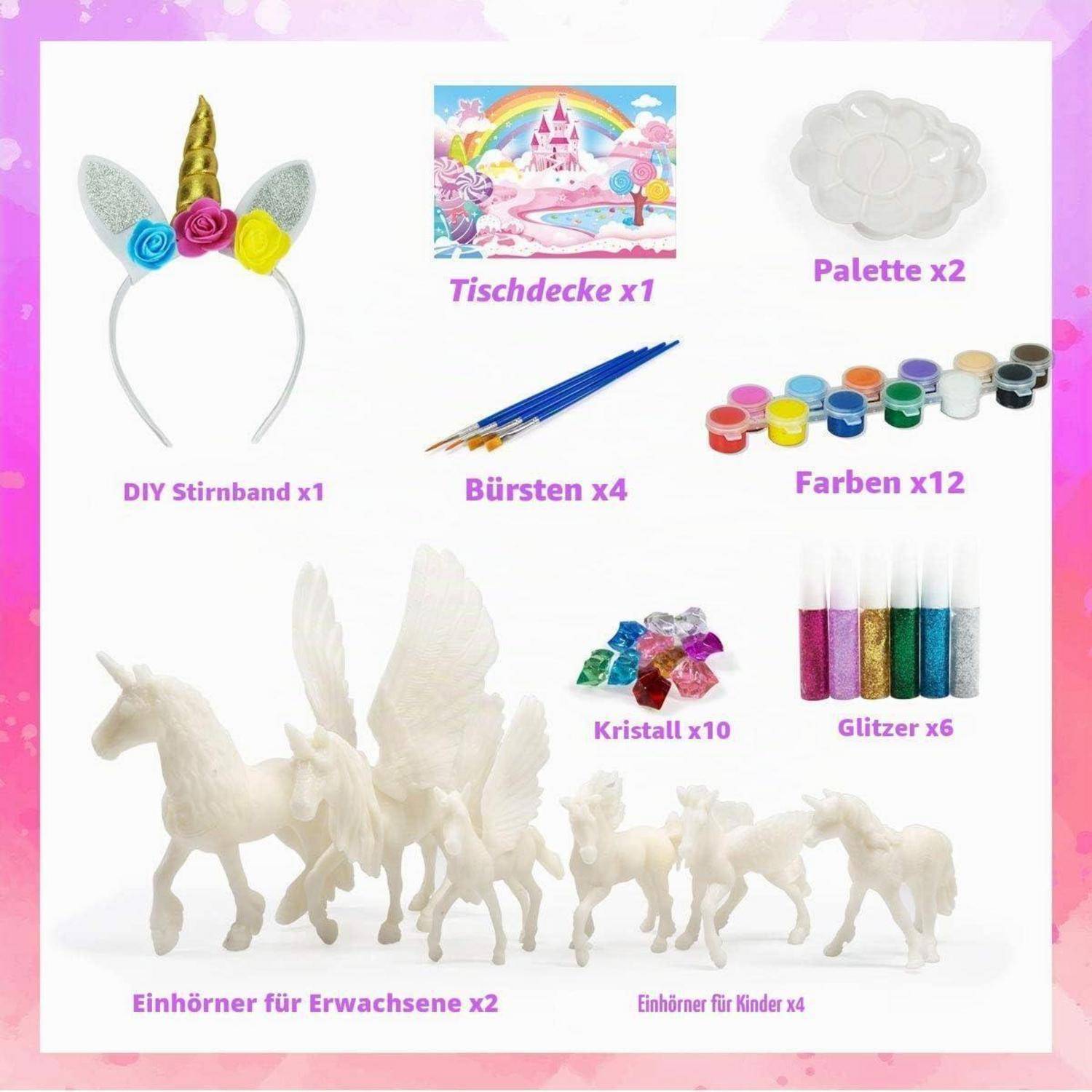 Inhalt des Einhorn-Bastelsets: DIY-Einhorn-Haarband, Tischdecke, Paletten x2, Pinsel x4, Farben x12, Kristalle x10, Glitter x6, Einhörner für Erwachsene x2, Einhörner für Kinder x4.