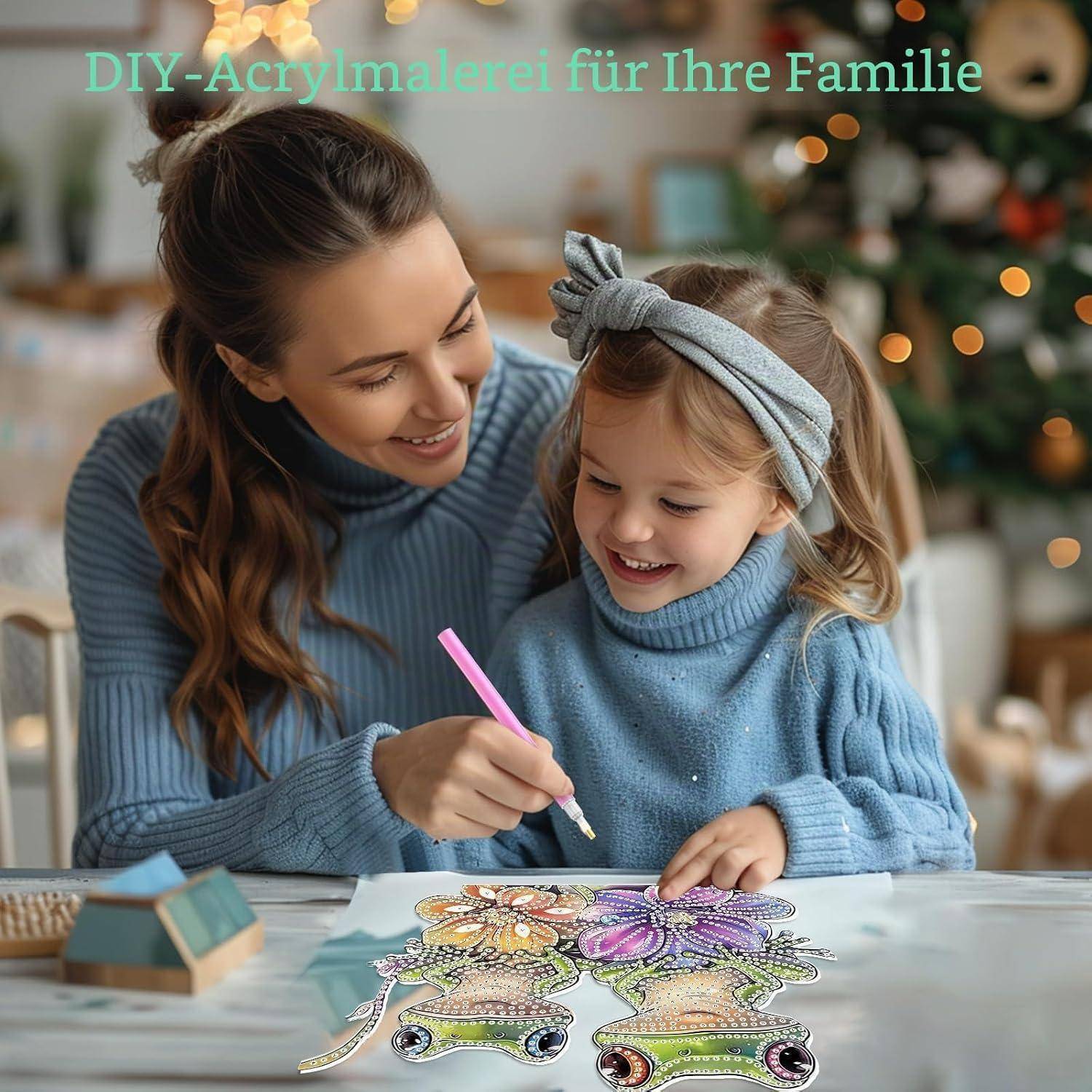 Mutter und kleines Mädchen malen gemeinsam ein Schmetterlingshandwerk an; Text lautet „DIY-Acrylmalerei für Ihre Familie