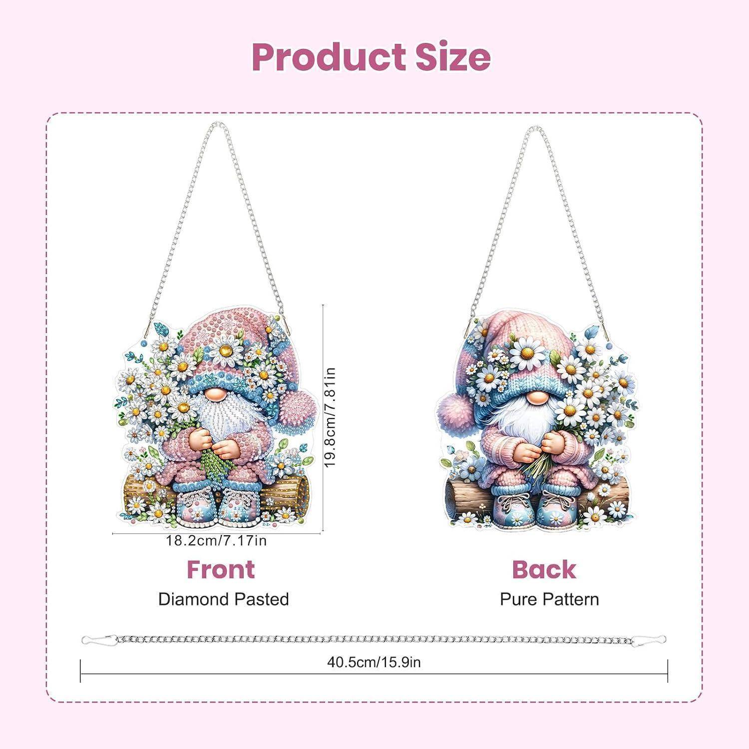 Produktgrößentabelle zeigt eine Tasche in Gnomform vorne und hinten, mit den Abmessungen 19,8 cm Höhe, 18,2 cm Breite und 40,5 cm Riemenlänge.