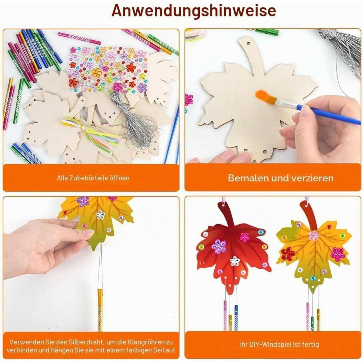 Ahornblatt Windspiel Bastelset, 9 Stück DIY Herbst Windspiel Bastelset Kinder, Holz Blatt Windspiele zum Bemalen, Herbstblatt Klangspiel Kreativsets