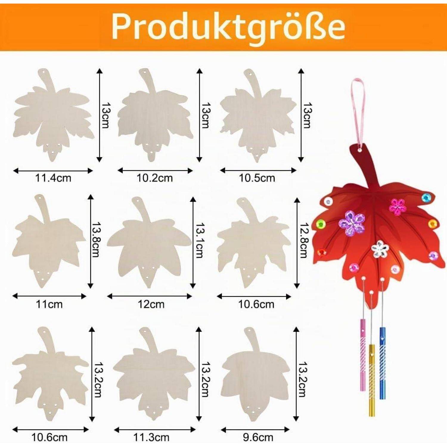 Ahornblatt Windspiel Bastelset, 9 Stück DIY Herbst Windspiel Bastelset Kinder, Holz Blatt Windspiele zum Bemalen, Herbstblatt Klangspiel Kreativsets