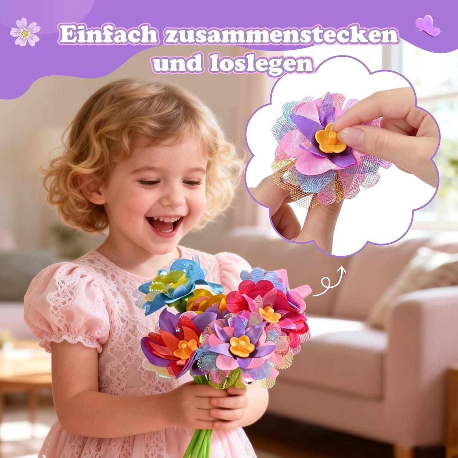 Kind mit strahlendem Lächeln hält einen farbenfrohen Strauß aus künstlichen Blumen, mit einer Vergrößerung, die eine Hand zeigt, die eine Blume zusammensteckt, und dem deutschen Text „Einfach zusammenstecken und loslegen