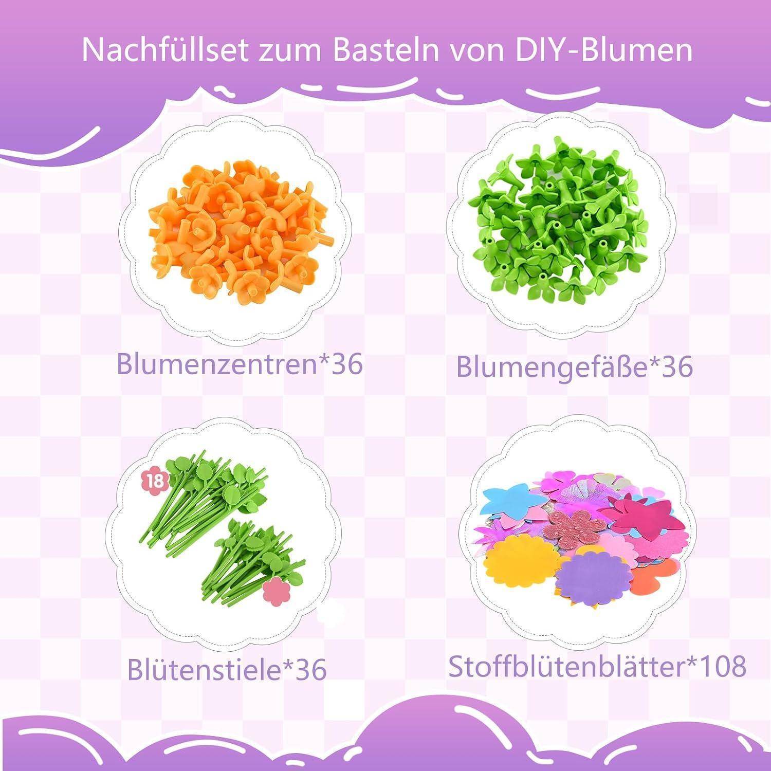DIY-Blumenbastelset zum Nachfüllen mit 36 orangefarbenen Blütenmitten, 36 grünen Blütenkelchen, 36 grünen Stielen und 108 Stoffblütenblättern.
