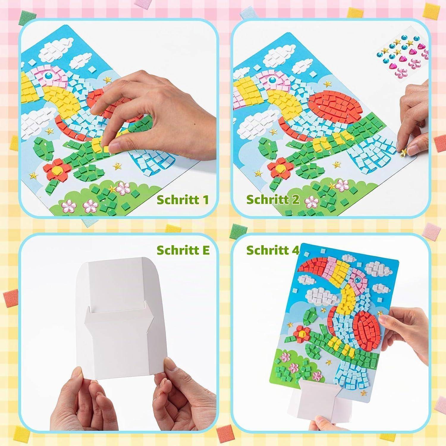 Vierstufige Bastelanleitungen zeigen Hände, die farbige Schaumstoffaufkleber auf eine Schmetterlingsszene kleben, und dann eine Karte zu einem Pop-up-Ständer falten.