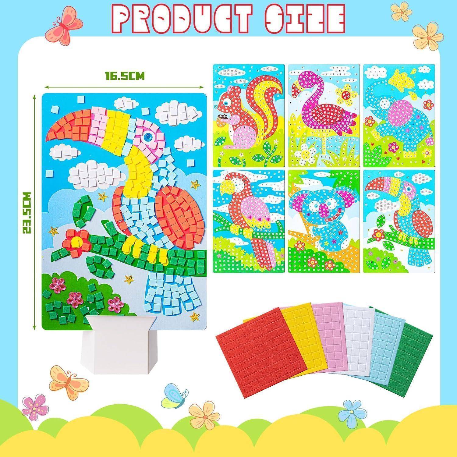Produktdatei für Mosaik-Kunstset mit Papageienmotiv, sechs Beispielkunstwerke und farbigen quadratischen Aufkleberbogen; Bildgröße 16,5 cm mal 22,5 cm.