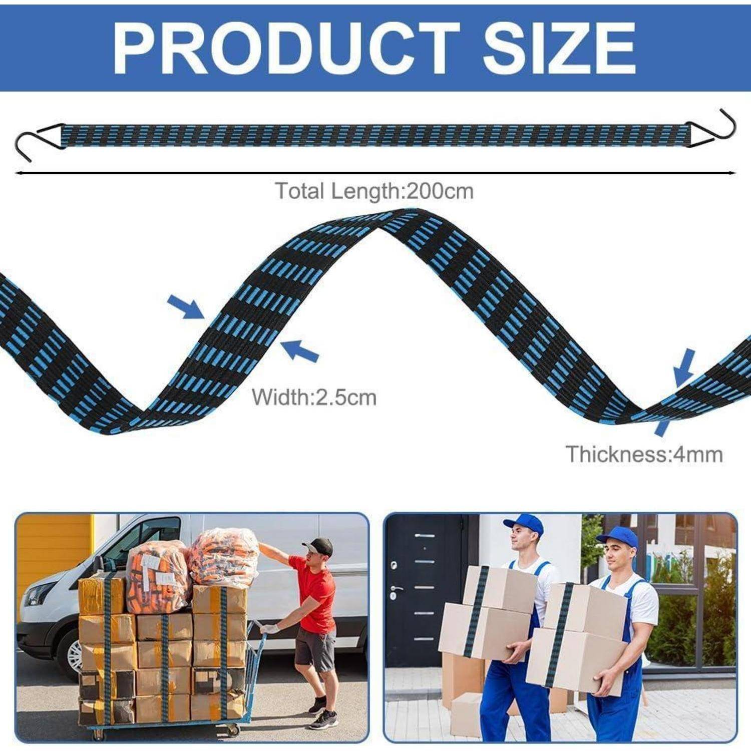 Produktgrößen-Grafik für einen Laschengurt: Gesamtlänge 200 cm, Breite 2,5 cm, Dicke 4 mm, mit Fotos, die zeigen, wie er Kartons während des Umzugs und der Lieferung sichert.