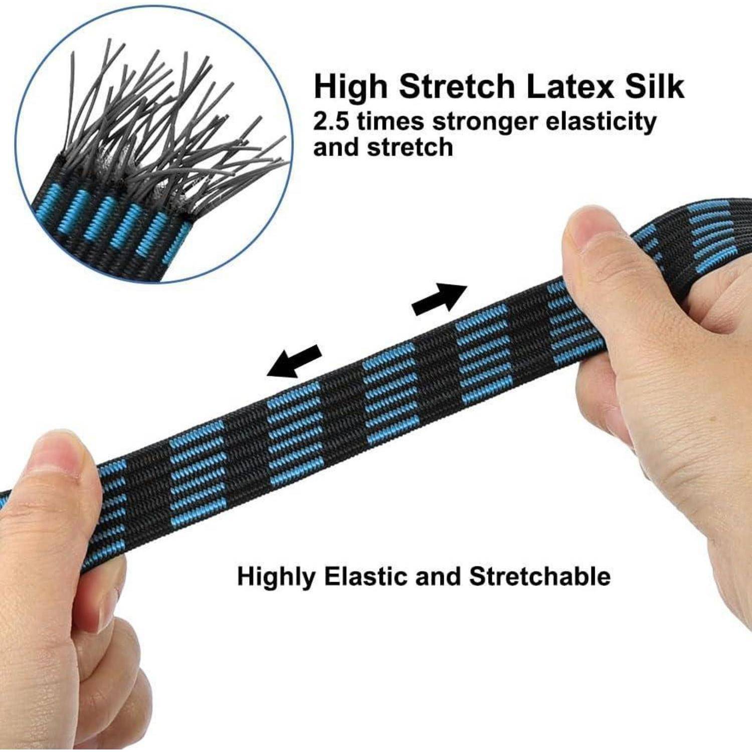 Hände dehnen einen schwarz-blauen geflochtenen elastischen Riemen; Die Vergrößerung zeigt ausgefranste Fasern und Text, der „High Stretch Latex Silk