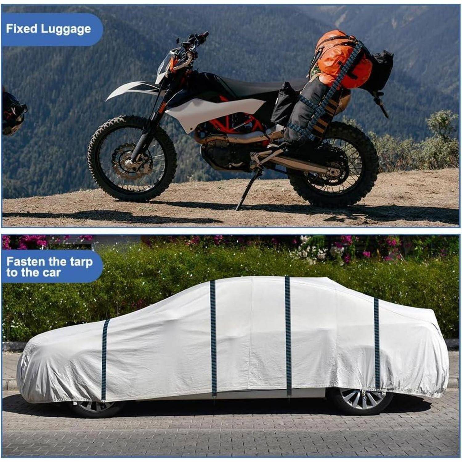 Zwei Beispiele für gesicherter Fracht für die Fahrt: ein Motorrad mit befestigtem Gepäck und ein Auto, das mit einer festgezurrten Plane bedeckt ist.