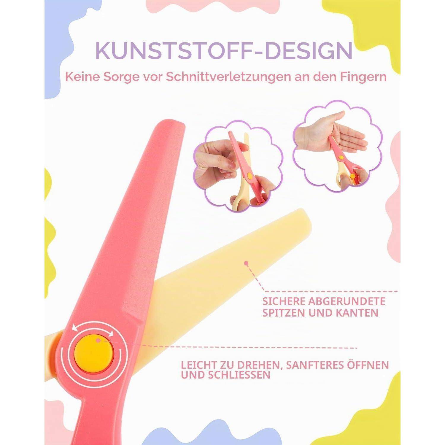 Werbebild von Sicherheitsscheren mit abgerundeten Kanten und Spitzen, beschriftet mit 'KUNSTSTOFF-DESIGN' und 'Keine Sorge vor Schnittverletzungen an den Fingern'.
