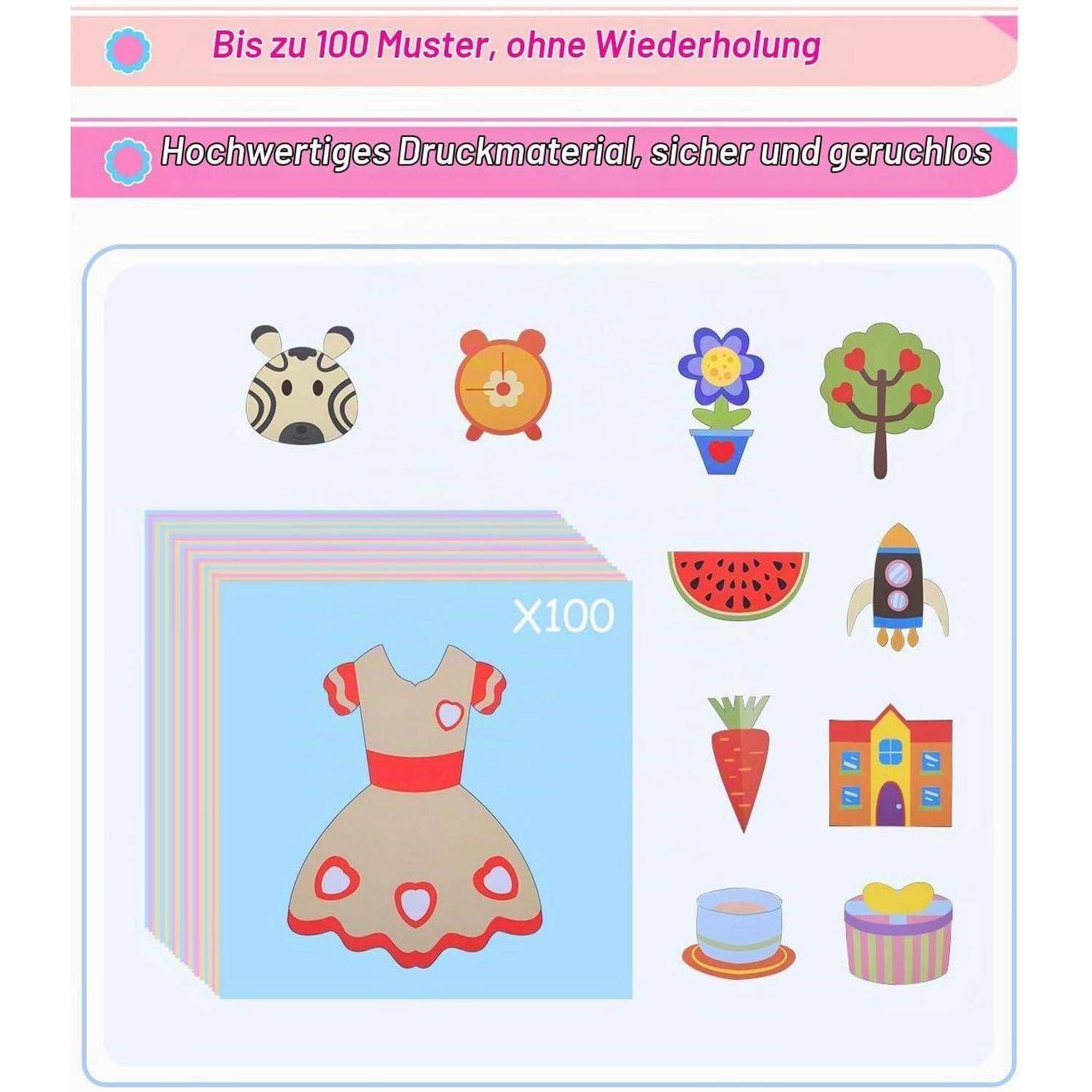Kinder-Verkleidungs-Stickerset mit einem Beispielkleid und verschiedenen niedlichen Symbolen wie Zebra, Uhr, Blume, Baum, Wassermelone, Rakete, Möhre, Haus, Kuchen und Geschenkbox, mit der Bezeichnung „x100