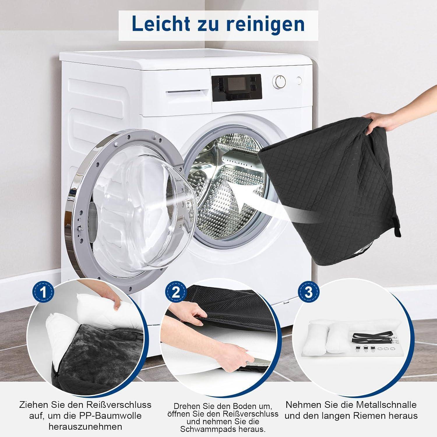 Infografik zeigt eine Waschmaschine mit abnehmbarem schwarzem Deckel, der in drei Schritten abgenommen wird; deutscher Text sagt „Leicht zu reinigen