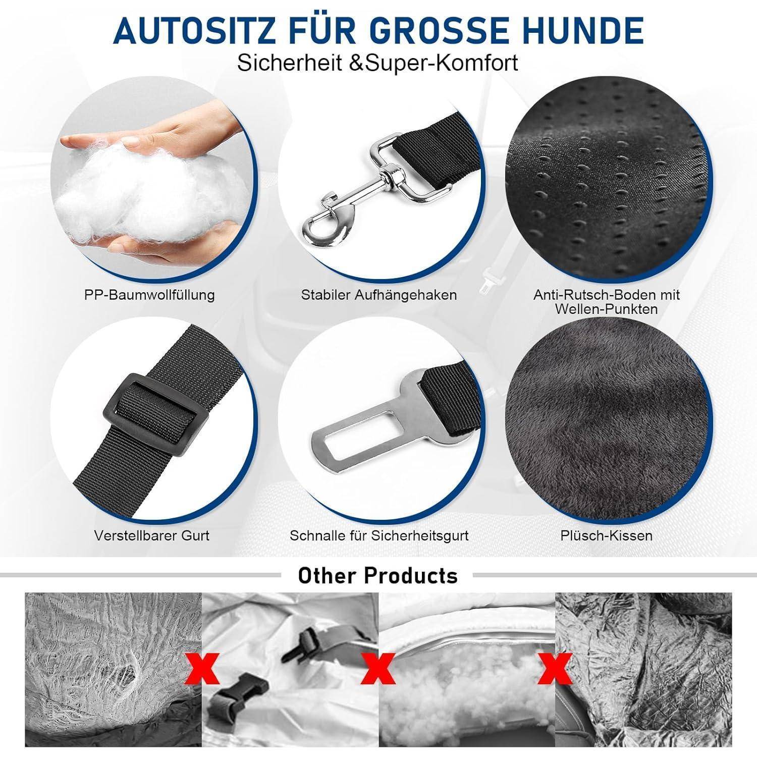 Infografik für einen großen Hundeautositz mit PP-Baumwollfüllung, robustem Aufhängehaken, rutschfester Basis, verstellbarem Riemen, Sicherheitsverschluss und plüschigem Kissen, mit Vergleich „Weitere Produkte