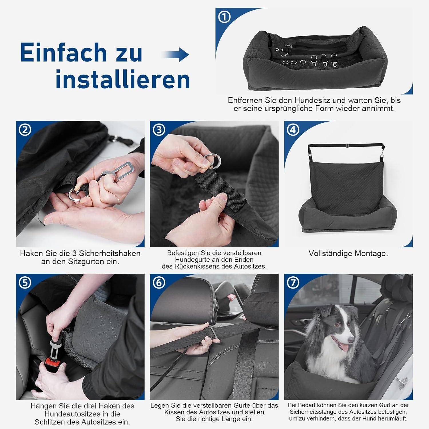 Ein Installationsleitfaden zeigt, wie man einen Hundautositz zusammenbaut und befestigt, mit nummerierten Schritten, Haken, Riemen und einem Hund, der auf dem fertigen Sitz sitzt.