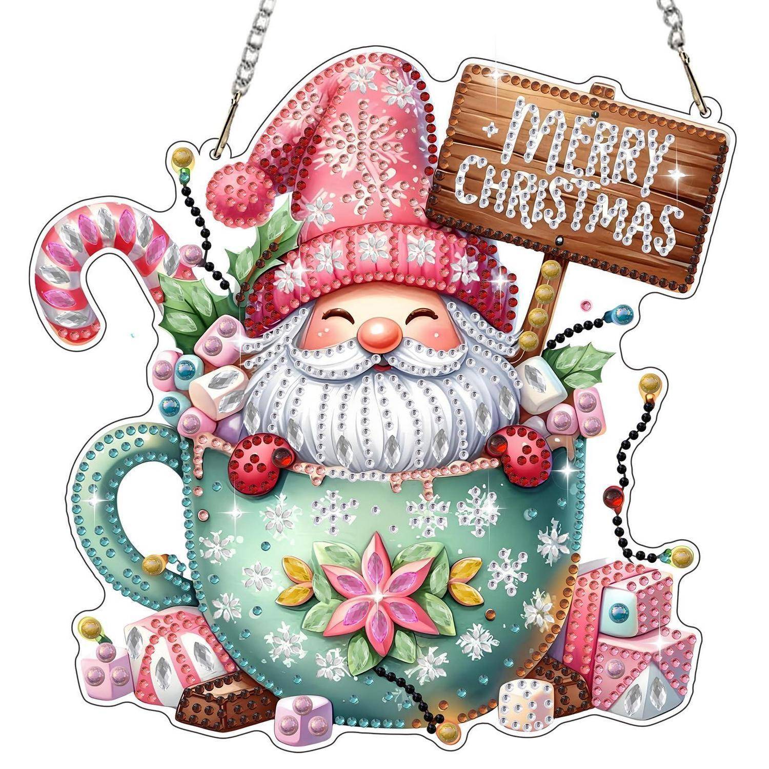 Ein festlicher Gnom schaut aus einer mintgrünen Tasse heraus, mit Zuckerstange, Geschenken und einem Schild mit „Frohe Weihnachten