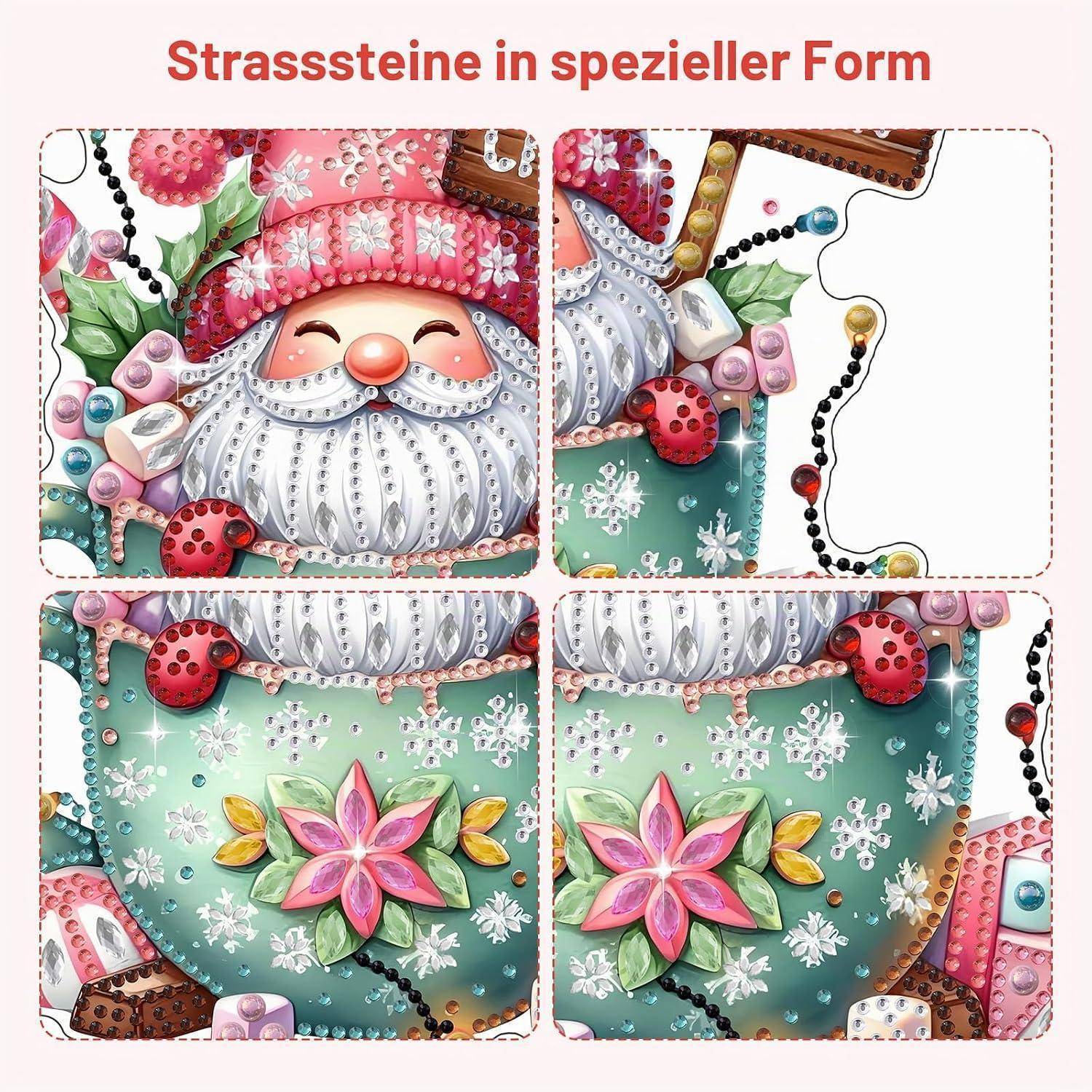 Collage mit dekorierten Weihnachtsstrümpfen und Weihnachtsmanngesichtern mit Perlen, Blüten und Schneeflocken, mit dem Titel „Strasssteine in spezieller Form