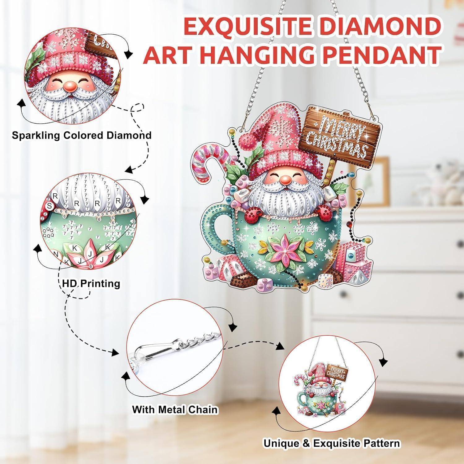 Weihnachtszwerg-Diamantkunst-Hängependant mit Metallkette, gezeigt mit Details, die funkelnde farbige Diamanten, HD-Druck und einzigartiges Muster hervorheben.