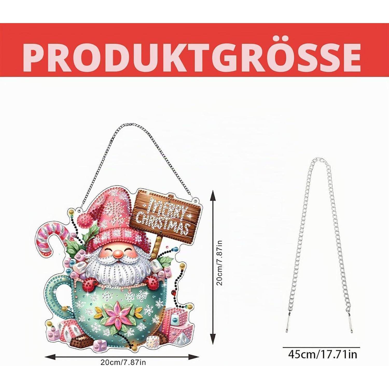 Produktgrößendiagramm für eine Weihnachtshängung-Deko: Breite 20 cm, Höhe 20 cm; Kettenlänge 45 cm.