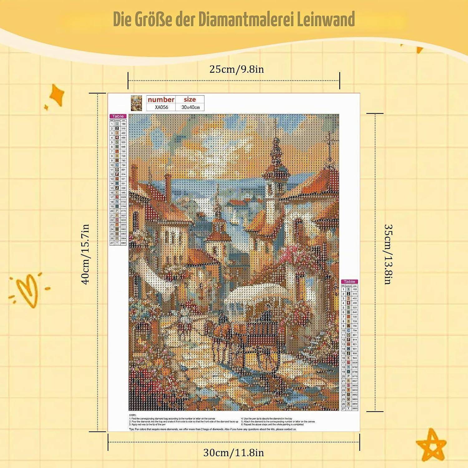 Diagramm zeigt Größe der Diamond-Painting-Leinwand 30 x 40 cm mit Bildfläche 25 x 35 cm und ein Musterbeispiel einer Stadtstraßenkunst.