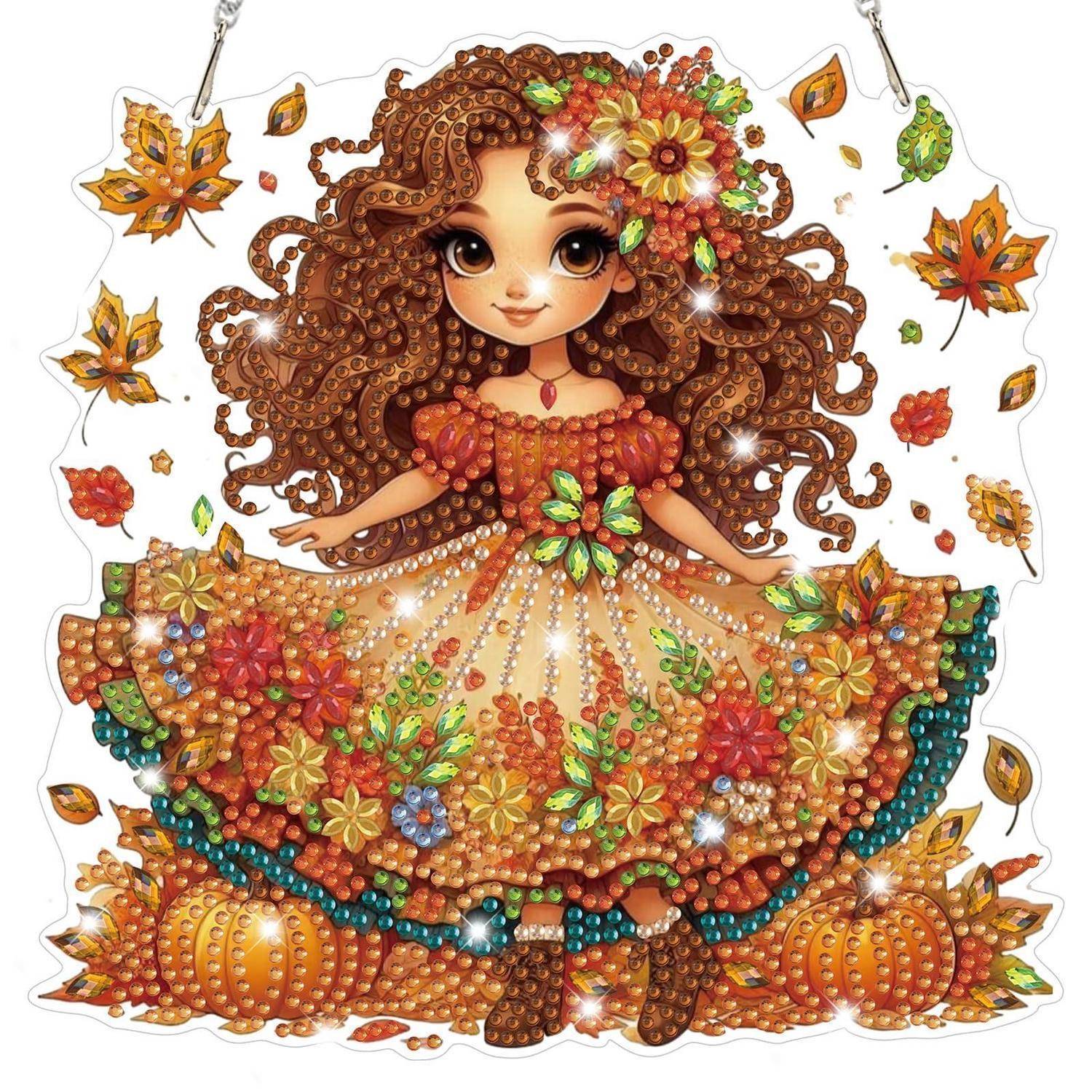 Süße herbstliche Puppe mit lockigem braunem Haar, Blumenkrone und einem funkelnden orangefarbenen Kleid, umgeben von fallenden Blättern und Kürbissen.