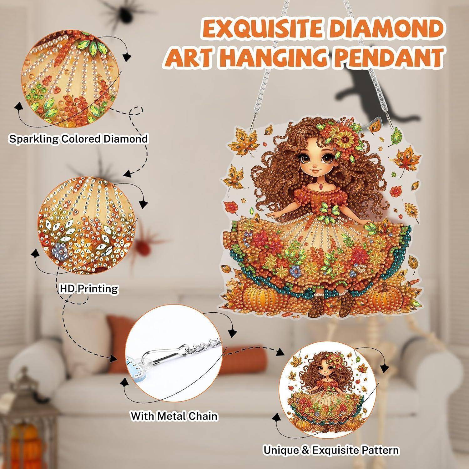 Werbegrafik für einen „Exquisiten Diamant-Kunst-Hängependant" mit einem bunten Perlen-Puppenpendant mit Metallkette und Nahaufnahme-Details mit den Bezeichnungen „Funkelnder farbiger Diamant"", „HD-Druck"" und „Einzigartiges und exquisites Muster"".