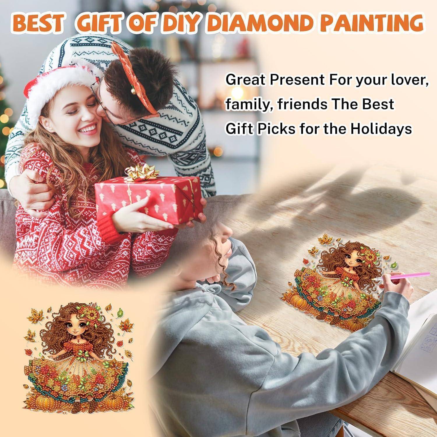 Ferienpromotion für DIY-Diamantmalerei-Geschenksets, die ein Paar zeigt, das sich ein Geschenk austauscht, und eine Person, die ein Mädchendesign mit dem Text „BESTES GESCHENK DER DIY-DIAMANTMALEREI" und „Großartiges Geschenk für deinen Liebsten, deine Familie, deine Freunde Die besten Geschenkauswahl für die Feiertage"" erstellt.