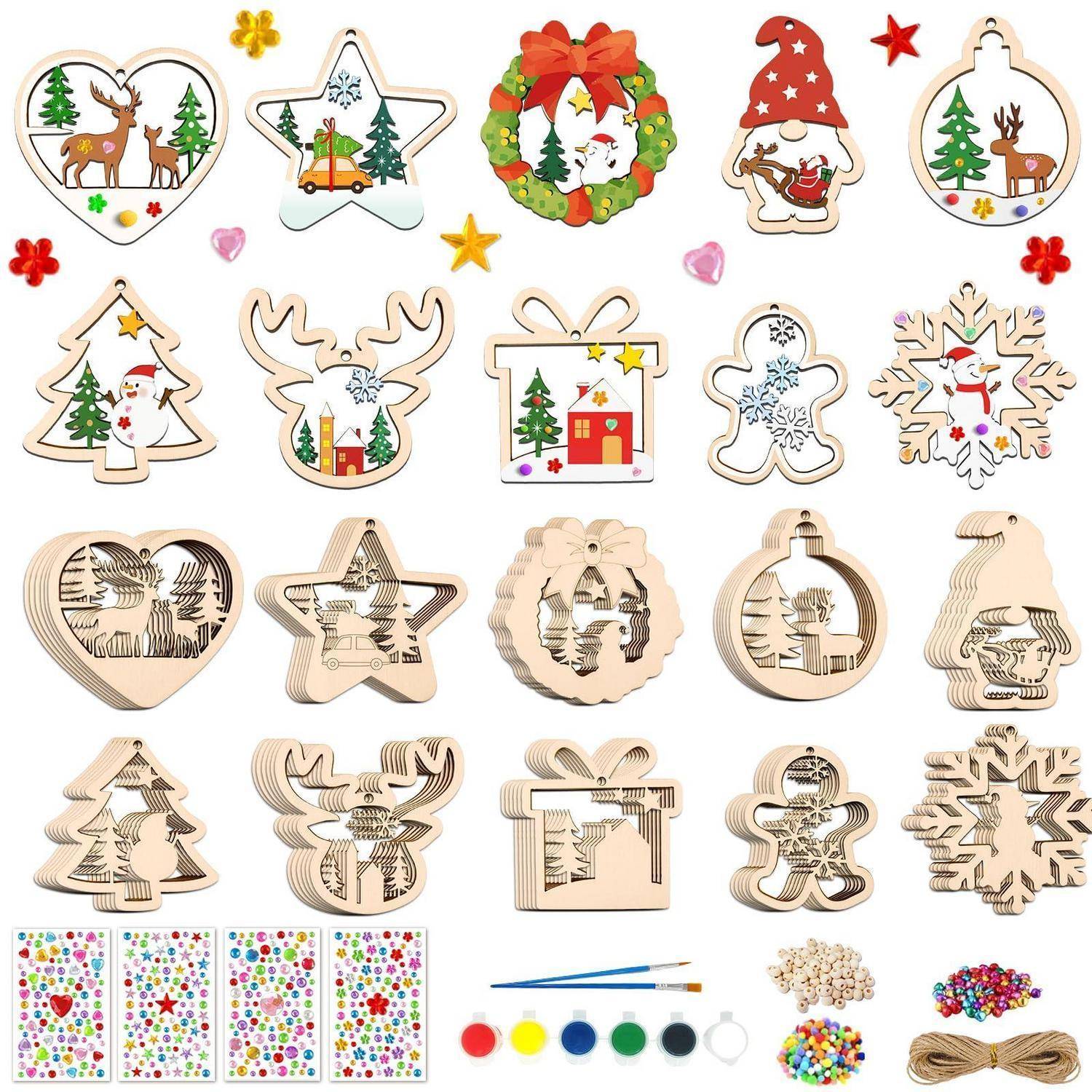 Sortierte hölzerne Weihnachtsornamente und Bastelkit-Teile, einschließlich vorgeschnittener Baum-, Rentier-, Schneemann-, Kranz- und Stern-Designs mit Farbe, Perlen, Schnur und Geschenkanhängern.