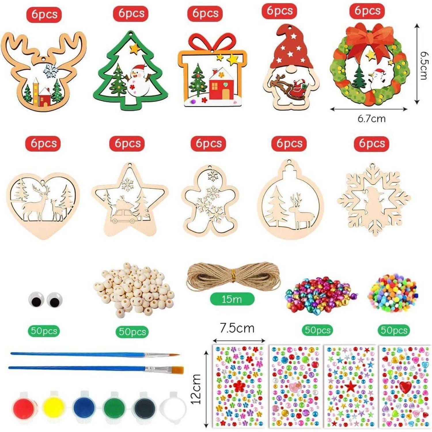 Weihnachts-Holzornament-Bastelset mit 10 festlichen Formausschnitten, Perlen, Wackelaugen, Schnur, Pinseln, Farben und gemusterten Klebstoffflächen.