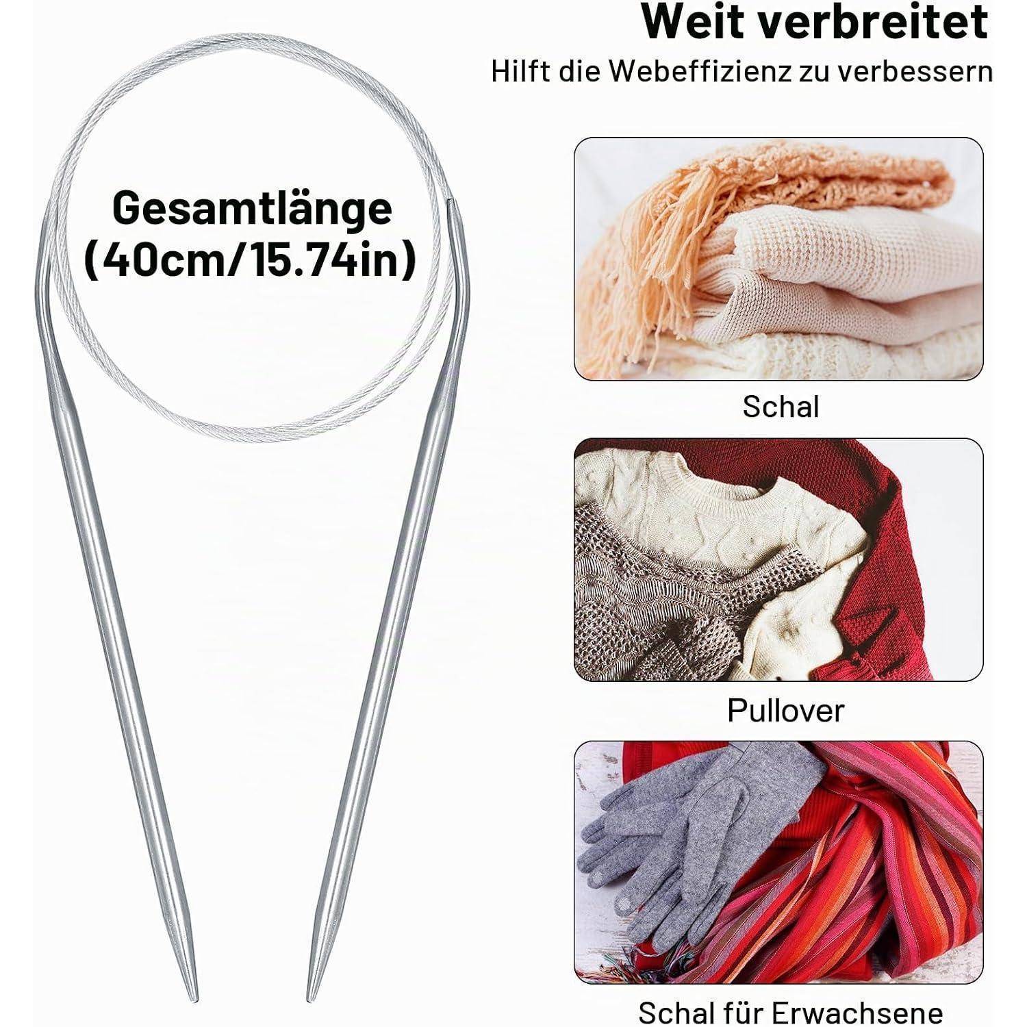 Produktgrafik einer 40 cm U-förmigen Stricknadel, dargestellt mit Beispielen von Schals, einem Pullover und einem Erwachsenenschal.