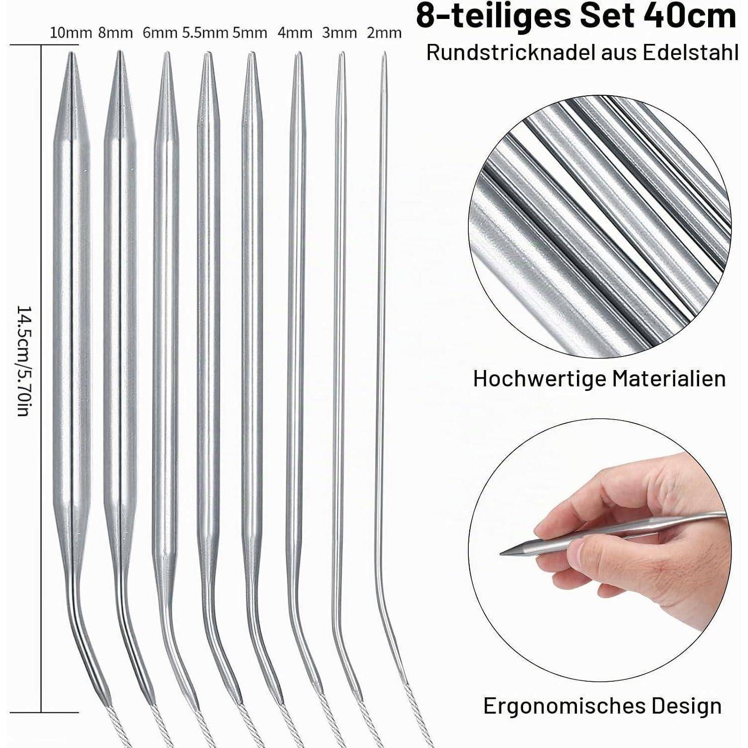 Produktbild eines 8-teiligen Satzes aus Edelstahl-Rundstricknadeln, 40 cm lang, mit Größen von 2 mm bis 10 mm, zeigt Materialdetailaufnahme und Handhabe.