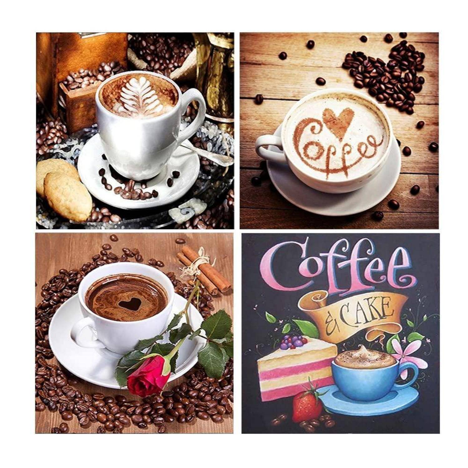 Vier-Panel-Kaffee-Collage: drei Cappuccino-Tassen mit Latte-Art auf Kaffeebohnen und eine Tafelstil-Grafik mit der Aufschrift „Kaffee & Kuchen