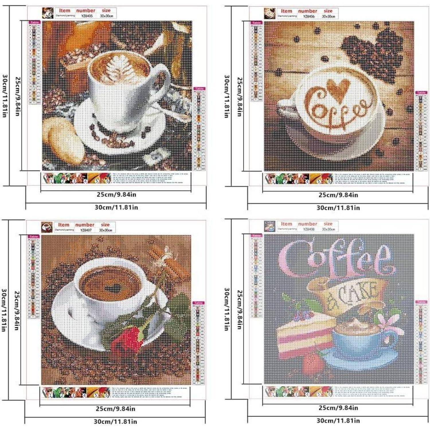 Vier kaffeeThemen-Kreuzstichmuster: Latte-Tasse, Kaffeetasse mit Herz-Latte-Art, Espressotasse mit Erdbeere und „Coffee Cake" mit Dessert und Tasse.
