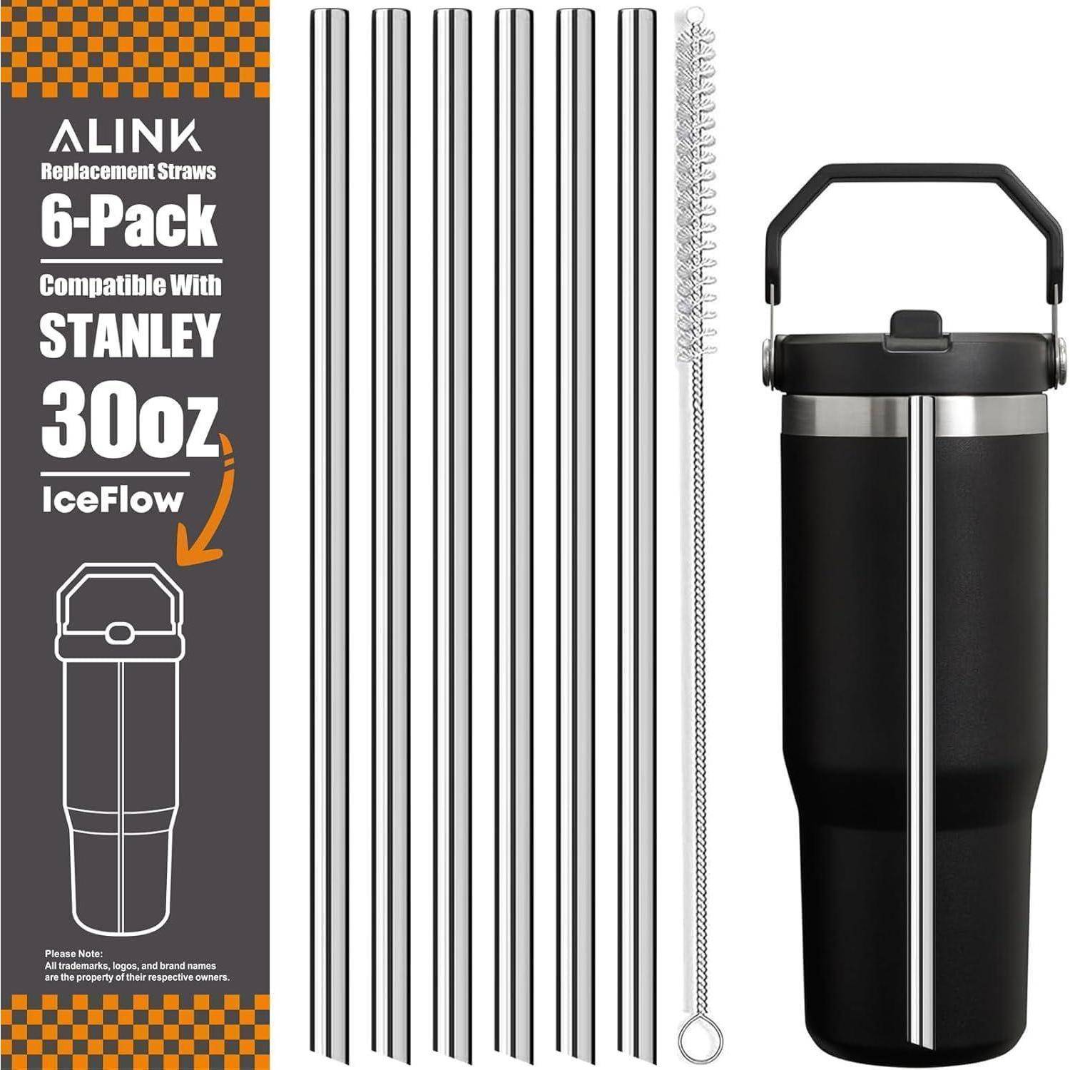 Produktbild zeigt ALINK 6er-Pack Ersatzhalme für Stanley 30 oz IceFlow Trinkbecher, mit einer Reinigungsbürste und einer schwarzen Stanley-Flasche.