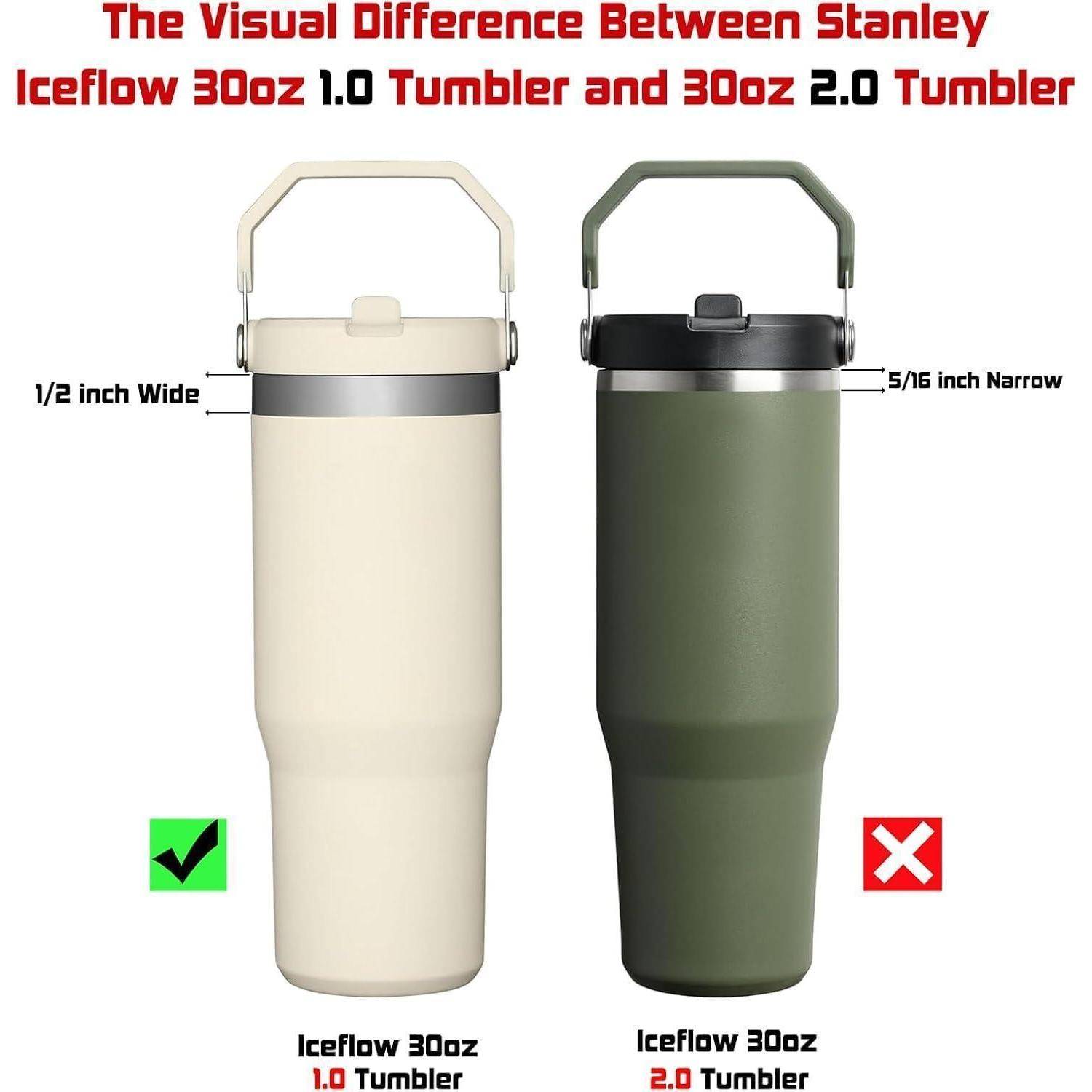 Vergleichsgrafik von Stanley IceFlow 30oz Thermobechern: 1.0 auf der linken Seite mit 1/2 Zoll breitem Deckel und grünem Häkchen, 2.0 auf der rechten Seite mit 5/16 Zoll schmalen Deckel und rotem X.