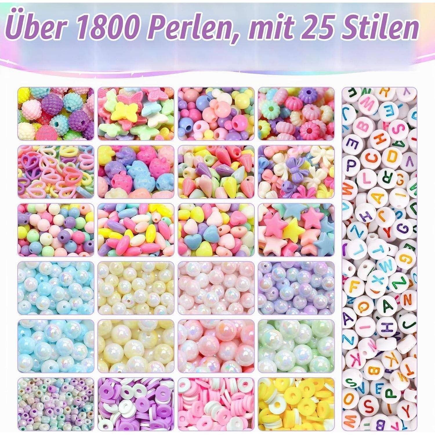 Farbenfrohe Perlenkits mit über 1800 Perlen und 25 Stilen, dargestellt in vielen sortierten Fächern einschließlich Buchstabenperlen und Pastellformen.