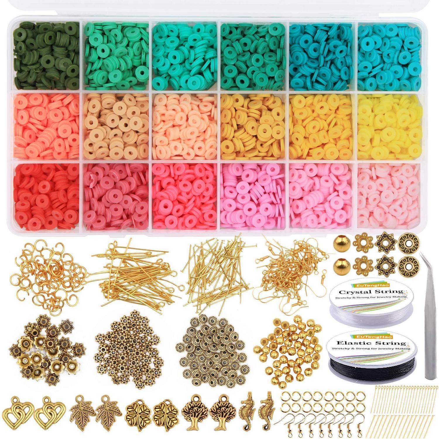 Perlen- und Schmuckherstellungsset mit farbsortiertem Heishi-Perlen, goldenen Verschlüssen, elastischen Schnüren, Verschlüssen, Ohrhaken, Anhängern und Aufbewahrungsbox.