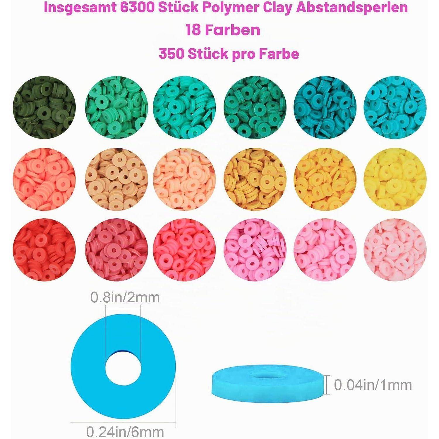 Produktbild von 18 Farben Polymer-Ton-Abstandhalter-Perlen, insgesamt 6.300 Stück, 350 pro Farbe, mit Größe angegeben als 0,8 Zoll/2 mm dick und 0,24 Zoll/6 mm breit.