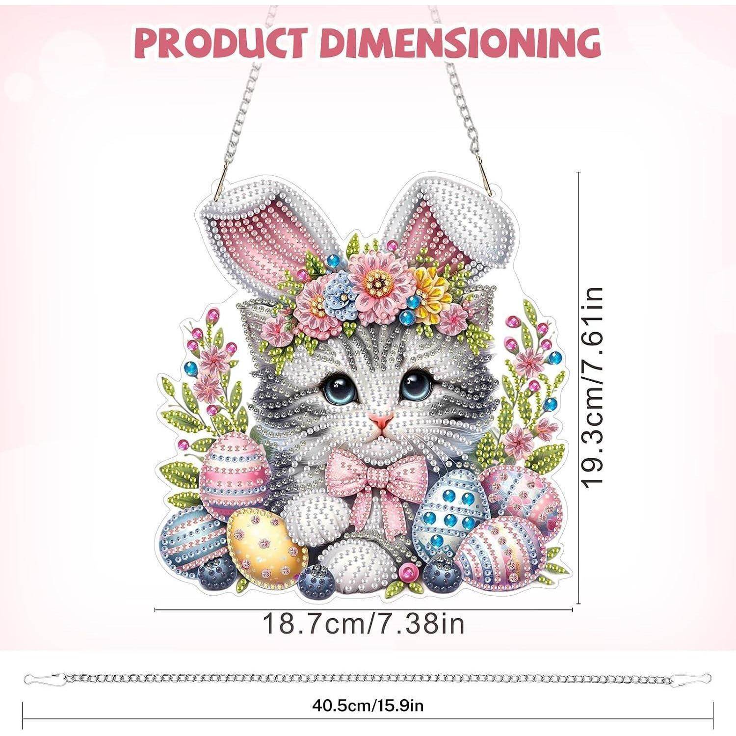 Produktabmessungsbild einer verzierten Katzen-Ostertasche, das die Größe von 18,7 cm Breite mal 19,3 cm Höhe und Kettenlänge von 40,5 cm zeigt.
