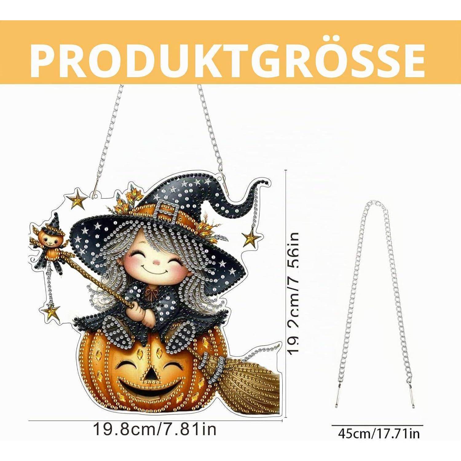 Größendiagramm eines Produkts, das eine Halloween-Hexe und eine Kürbis-Hängdekoration zeigt, mit den Abmessungen 19,8 cm mal 19,2 cm und einer Kettenlänge von 45 cm.
