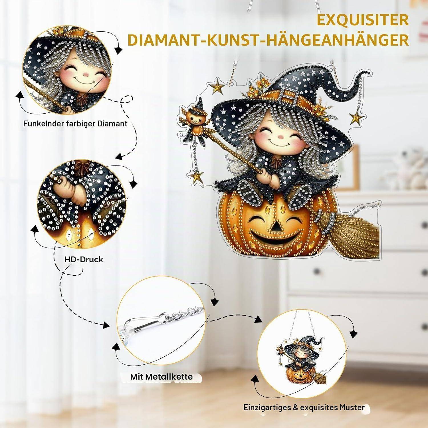 Bowetile Halloween Diamond Painting Anhänger Kürbis Mädchen,Kürbis Diamond Painting Fensterbilder für Erwachsene,Kinder Hängende Ornament Herbst