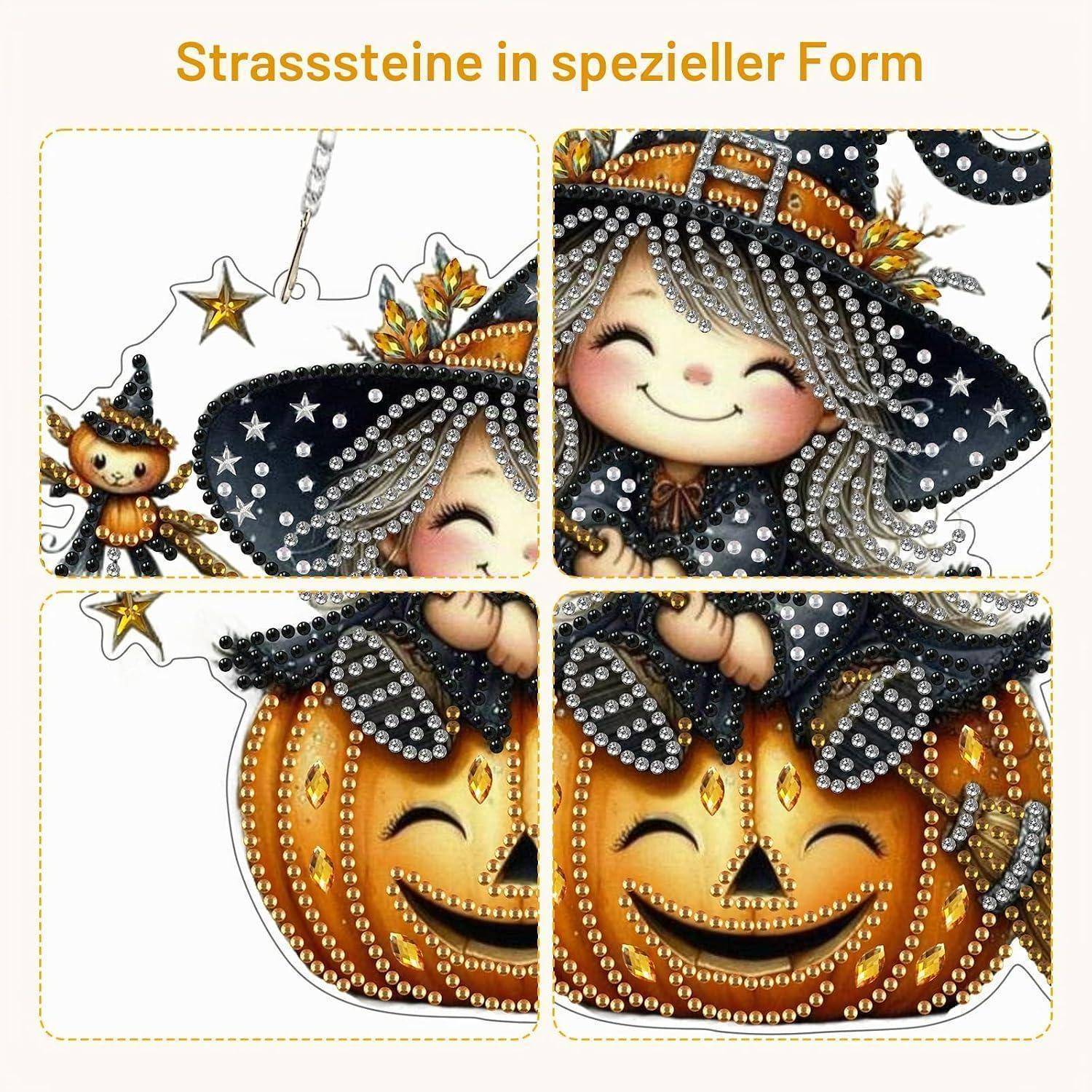 Collage aus dekorativen, mit Schmucksteinen besetzten Halloween-Puzzlesteinen mit einer lächelnden Hexe und Kürbislaternen, betitelt „Strasssteine in spezieller Form